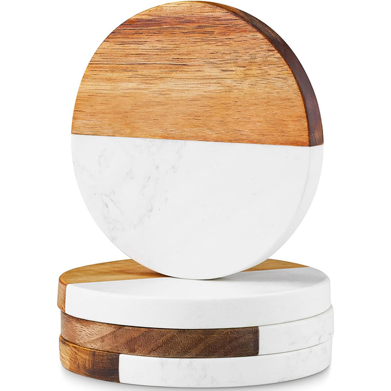 Marble Coaster Set - 4-delige marmeren acaciahouten onderzetters, ronde en