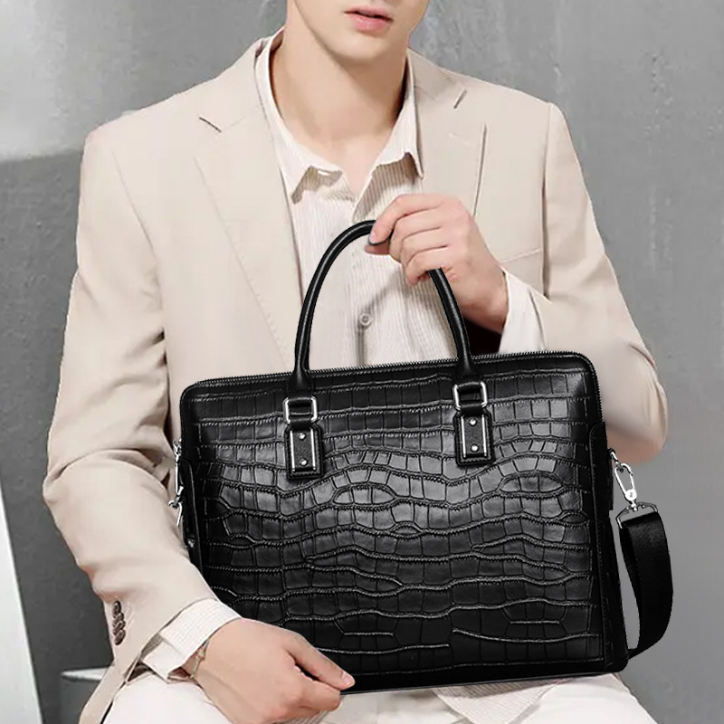 Leather Briefcase - Nieuwe, authentieke leren herenaktetas met krokodillenprint,